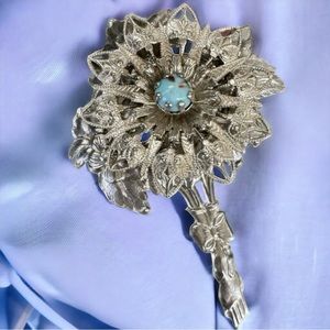 Vintage Turquoise Bouquet Brooch Silver Tone Filigree Details